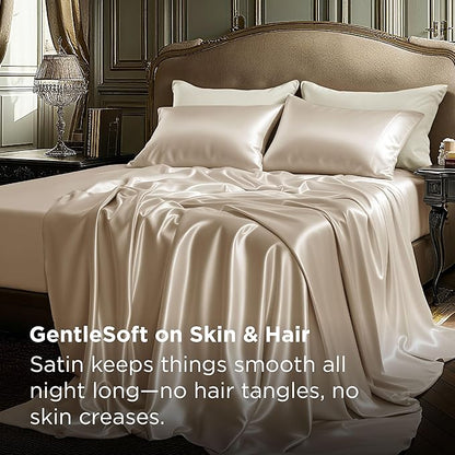 Bedsure Satin Sheets Full Size - 4 Piece Silky Bedsheets with 15 Inches Deep Pocket Fitted Bedsheet,1 Flat Sheet, 2 Satin Pillowcases, Good for Hair & Skin (Full, Champagne)