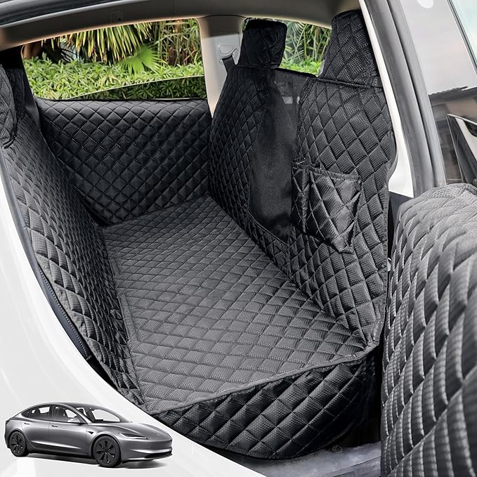 PETICON Dog Seat Covers for Tesla Model 3 & Y Back Seat with 2 Pack Door Protectors, 100% Waterproof Dog Hammock for Tesla with Mesh Window & Headrest Protection Prevents Scratches and Scuffs