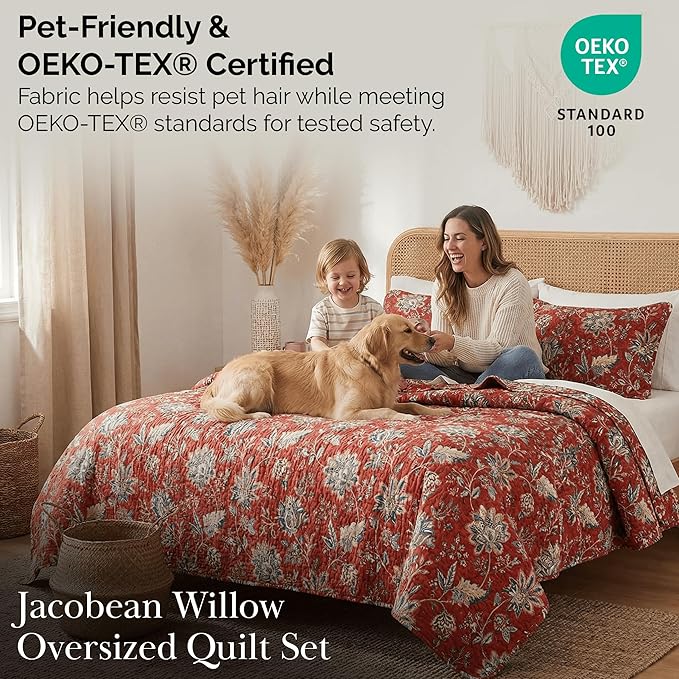 Southshore Fine Living, Inc. Oversized Quilt Bedding Set, 2-Piece Twin XL Coverlet with Matching Sham, Jacobean Willow Floral Coverlet, All Season Quilt Bedspread, Lightweight Twin Quilts, Red