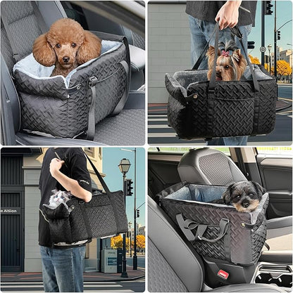 Center Console Dog Car Seat for Small Dogs Cats (Up to 15 lbs) - Washable, Foldable Pet Booster Seat with Safety Hooks, Adjustable Straps & Storage Pocket
