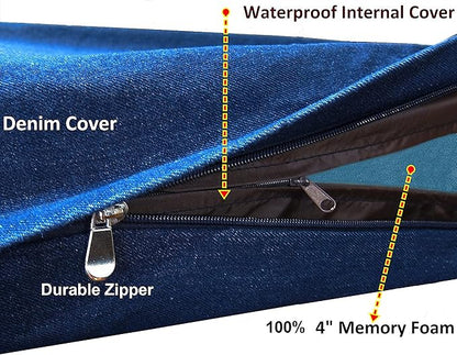 Dogbed4less Orthopedic Dog Bed with Memory Foam for Medium Large Pet, Waterproof Liner, Durable Denim Blue Cover, 41X27X4 Inch (Fit into 42X28 Crate)