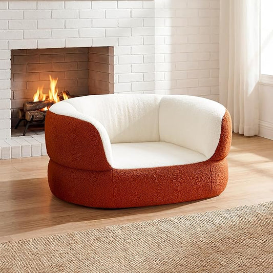 39.4" Orange Large Dog Couch Bed for Large Dogs Under 80lbs, Semi-Wrapped Round Faux Shearling Elevated Dog Sofa Chair, No Assembly Required Luxurious Indoor Furniture Style Pet Supplies