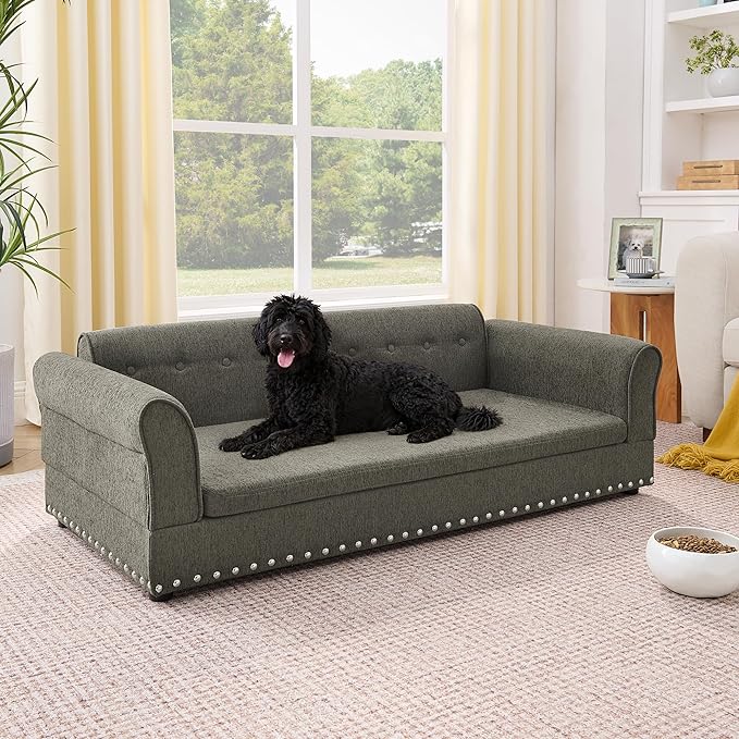 Elevated Dog Sofa for Medium to Large Dogs, Button Tufted Dog Couch Bed with Backrest and Armrests, Durable Memory Foam Pet Bed, Removable Cushion for Medium and Large Dogs, Dark Grey