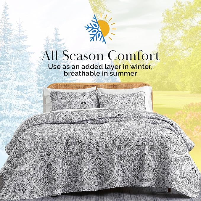 Southshore Fine Living, Inc. Boho King Quilt Set, Lightweight Bedspread, Summer Coverlet, 3-Piece Paisley Bedding Set with Two Matching Quilted Pillow Shams, California/King Quilts, Black