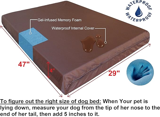 Dogbed4less Extra Large Orthopedic Gel Infused Cooling Memory Foam Dog Bed for Medium to Large Pet, Waterproof Liner and Durable Suede Espresso External Cover, XL 47X29X4 Inches (Fit 48X30 Crate)