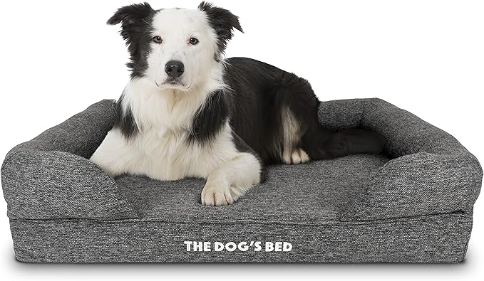The Dog’s Bed Orthopedic Memory Foam Dog Bed with Bolsters for Large Dogs, Waterproof Washable Cover, Anti-Slip Base, Calming Surface – CertiPUR-Certified Foam, Largeinen Fabric, Grey Linen, Large
