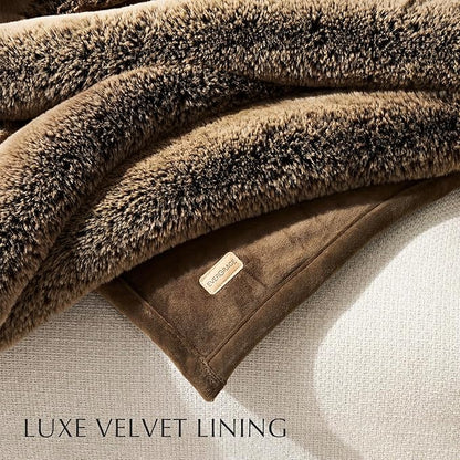 EVERGRACEHOME Luxury Soft Faux Chinchilla Fur Throw Blanket for Couch, Warm Thick Heavy Winter Throw Blanket 1220GSM for Bed, Fluffy Cozy Mink Blanket with Reversible Velvet, Brown Sable, 50"x60"