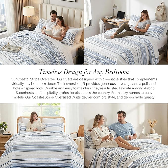 Southshore Fine Living, Inc. Oversized King Quilt Set, All Season Striped Blue Bedspread Set, 3-Piece Coastal Bedding, California/King Coverlet Sets with Shams, Soft Microfiber Quilt, Blue Stripes