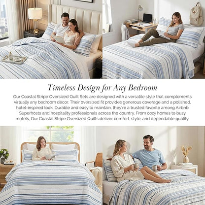 Southshore Fine Living, Inc. Oversized King Quilt Set, All Season Striped Blue Bedspread Set, 3-Piece Coastal Bedding, California/King Coverlet Sets with Shams, Soft Microfiber Quilt, Blue Stripes