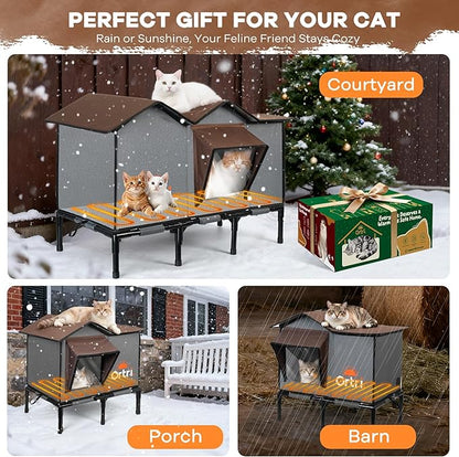 Outdoor Heated Cat House for Outside: Winter Insulated Weatherproof 20"×14.3"×20.5" Shelter with Heating Pad for Feral Kitty Foldable Out Door Elevated Warm Pet Bed with Extra Large Warming Cathouse