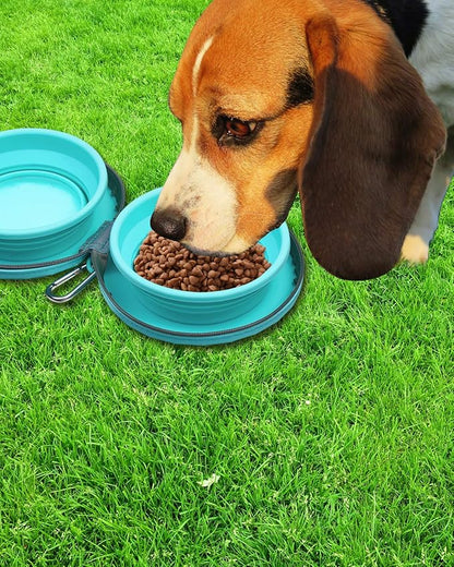 KALLAK Collapsible Silicone Twin Bowls with Zipper Silicone Case, 2 in 1 Portable Travel Dog Feeder, Pop Out Non-Skid Food and Water Bowl with Carabiner Clip