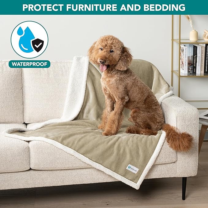 PetAmi Waterproof Dog Blanket for Medium Large Dog Puppy Cat Throw for Couch Cover Leakproof Protection, Sherpa Fleece, Reversible Soft Washable 60x40 Taupe
