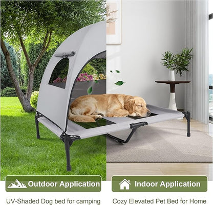 Medium Outdoor Dog Bed with UV Canopy, Elevated Pet Cot for Dogs up to 78 Lbs, Waterproof and Scratch-Resistant Raised Dog Tent with Breathable Mesh for Backyard, Patio, Camping or Indoor Use