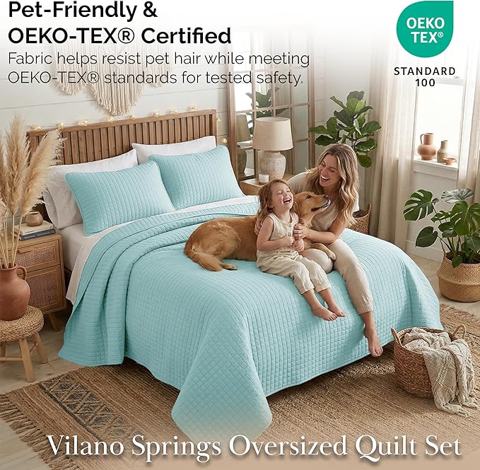 Southshore Fine Living, Inc. Oversized King Quilt Bedding Set, Microfiber Comforter Blue, Pet Hair Resistant Bedding California King Size Quilt Coverlet Bedspread Set with 2 Shams, Sky Blue Quilts