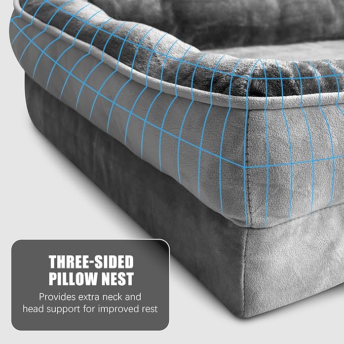Spotted Play Orthopedic Dog Bed with Sides - Dog Sofa Beds for Large Dogs, Supportive Foam Pet Couch Bed with Washable Removable Cover, Waterproof Lining and Non-Slip Bottom, Grey - L-Plus