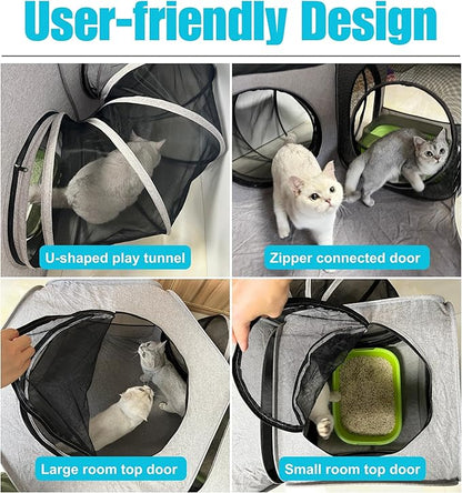 Portable Dog Playpen 2-Room with Tunnel, 3-in-1 Large Cat Crate Play Enclosure with Separate Areas, Foldable Pet Playpen for Puppy Kitten and Small Animals Indoor Outdoor