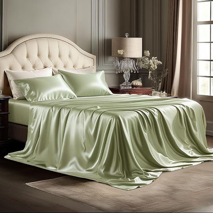 Bedsure Satin Sheets Queen Size - 4 Piece Silky Bedsheets with Elastic Corner Straps and 15 Inches Deep Pocket Fitted Bedsheet,1 Flat Sheet, 2 Satin Pillowcases, Good for Hair &Skin(Queen,Light Green)