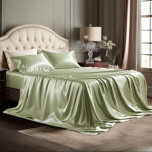 Bedsure Satin Sheets Queen Size - 4 Piece Silky Bedsheets with Elastic Corner Straps and 15 Inches Deep Pocket Fitted Bedsheet,1 Flat Sheet, 2 Satin Pillowcases, Good for Hair &Skin(Queen,Light Green)