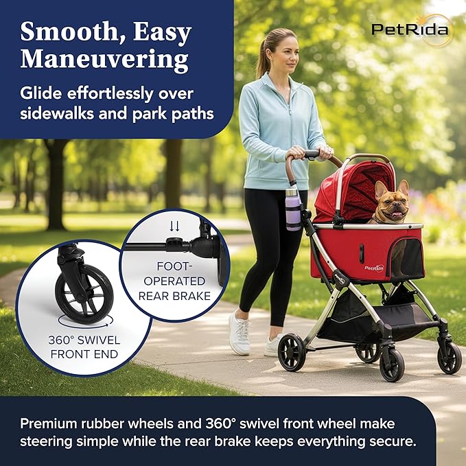 Luxury Pet Stroller with Detachable Carrier | Lightweight Design with Easy One-Hand Fold & Spacious Storage Basket | Safe & Comfortable Travel for a Small to Medium Dog or Cat, Red