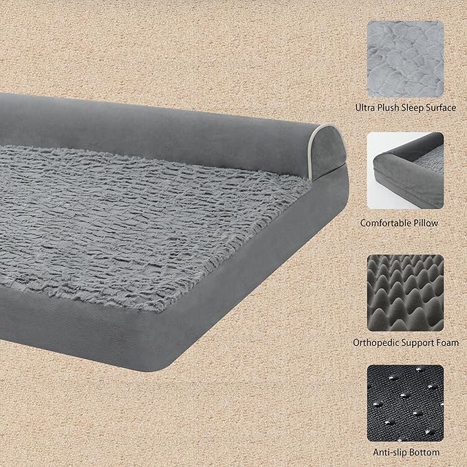Orthopedic Dog Bed Waterproof Dog Beds for Large Dogs Deluxe Plush L-Shaped Dog Couch Beds with Egg Crate Foam Removable Washable Cover & Nonskid Bottom(Grey, XXL(50''x36''x7.5''))…