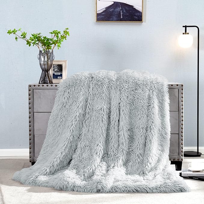 JONIYEAR Extra Large Decorative Fluffy Faux Fur Blanket Queen Size 80" x 90", Soft Luxury Lightweight Furry Blanket, Solid Cozy Shaggy Plush Thick Warm Fuzzy Blankets for Winter Bed Couch, Grey
