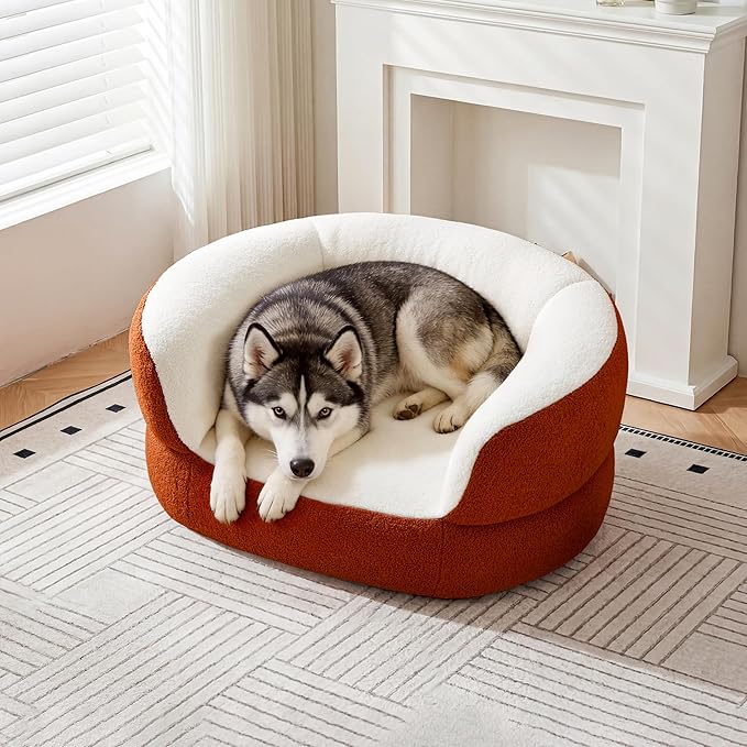 39.4" Orange Large Dog Couch Bed for Large Dogs Under 80lbs, Semi-Wrapped Round Faux Shearling Elevated Dog Sofa Chair, No Assembly Required Luxurious Indoor Furniture Style Pet Supplies