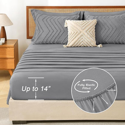 Litanika King Size Comforter Set with Sheets Medium Gray - 7 Pieces Bed in a Bag King Chevron Tufted Complete Bedding Sets with Comforter, Sheets, Pillowcases & Shams