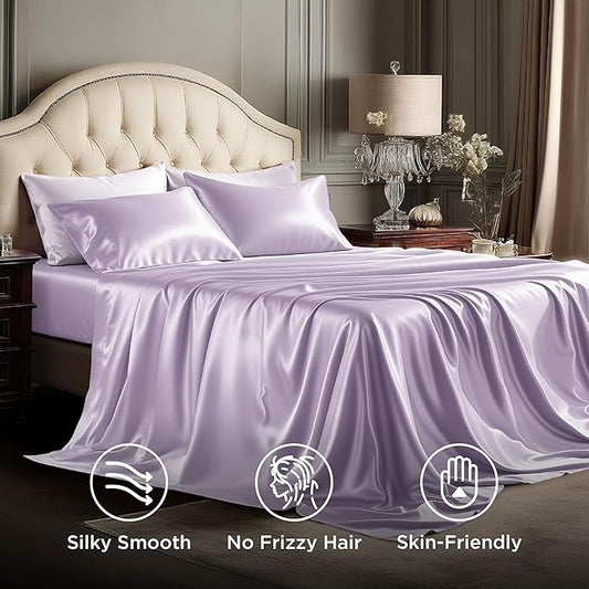 Bedsure Satin Sheets Queen Size - 4 Piece Silky Bedsheets with Elastic Corner Straps and 15 Inches Deep Pocket Fitted Bedsheet,1 Flat Sheet, 2 Satin Pillowcases, Good for Hair & Skin (Queen, Lavender)