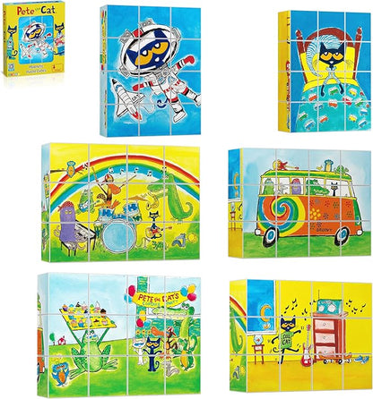 PicassoTiles Magnetic Tiles Pete the Cat Magnet Puzzle Cube Set 6 Cartoon Theme Mix and Match Brain Teaser STEM Educational Toy for Kids Toddlers Preschool Age 3 Plus Sensory Learning Play Kit PTC03