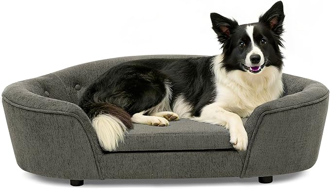 Dog Couch Bed with Oval Semi-Enclosed, Durable Linen Material Pet Sofa with Soft Foam Cushion, Dog Sofa Bed with Legs for Medium Dogs, Dark Grey