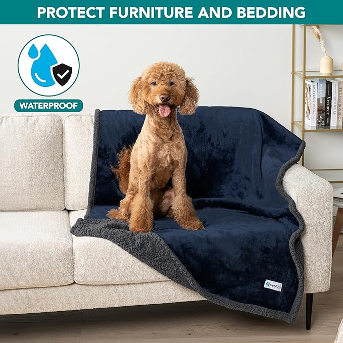 PetAmi Waterproof Dog Blanket for Medium Large XL Dog Puppy Cat Throw for Couch Cover Leakproof Protection, Sherpa Fleece, Reversible Soft Washable 80x60 Navy Gray