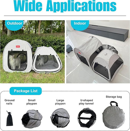 Portable Cat Playpen 2-Room with Tunnel, 3-in-1 Pop-up Cat Dog Crate Play Enclosure with Separate Areas, Foldable Pet Playpen for Puppy Kitten and Small Animals Indoor Outdoor Travel