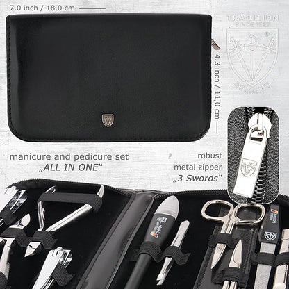 3 Swords Germany - brand quality 10 piece manicure pedicure grooming kit set for professional finger & toe nail care scissors clipper fashion leather case in gift box, Made by 3 Swords (00286)