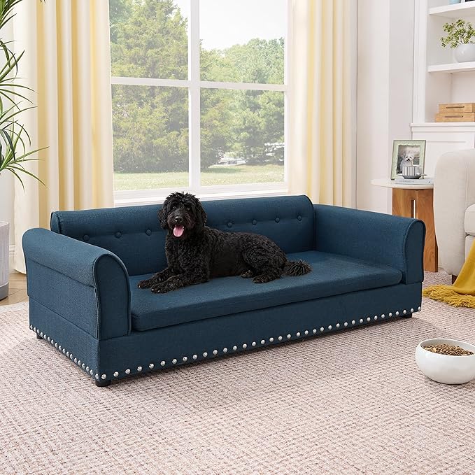 Elevated Dog Sofa for Medium to Large Dogs, Button Tufted Dog Couch Bed with Backrest and Armrests, Durable Memory Foam Pet Bed, Removable Cushion for Medium and Large Dogs, Dark Blue