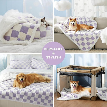LE SURE Waterproof Dog Blanket for Medium Dogs - Washable Double Sided Dog Blankets with Warm Jacquard Shag and Soft Sherpa Fleece, Pet Cat Blanket for Couch Protection, 3D Textured Checks, Purple