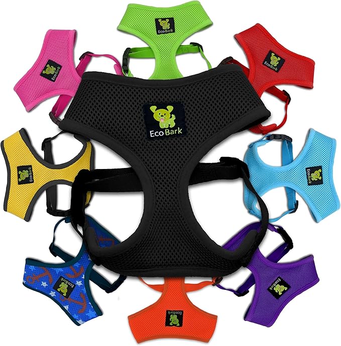 EcoBark Dog Harness - Eco-Friendly Max Comfort Harnesses - Luxurious Soft Mesh Halter - Over the Head Harness Vest- No Pull and No Choke for Small, Toy Breed, and Teacup Dogs (XS, Black)