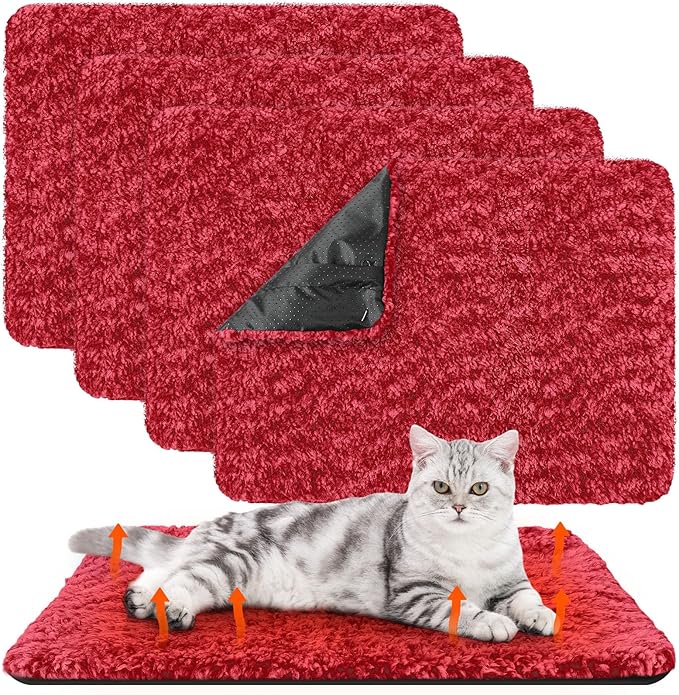 Drydiet 4 Pack Self Warming Cat Pads Self Heating Cat Mat Washable Homeless Dogs Thermal Pads Kennel Pad Reflects Body Heat Warm Crate Bed Mat for Indoor Outdoor Pet(Red,16 x 20 Inch)