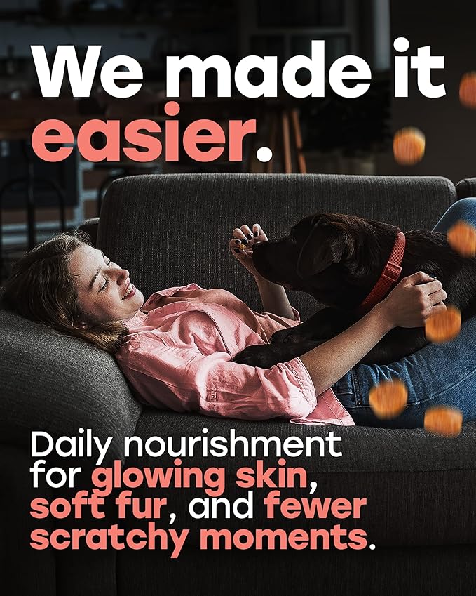 Omega 3 & 6 Dog Skin & Coat Chews – Wild Salmon Oil, Biotin, Zinc & Vitamin E – Supports Dry Itchy Skin, Shedding & Healthy Coat – PhD-Endorsed, Made in USA, 140 Chews, Salmon Flavor