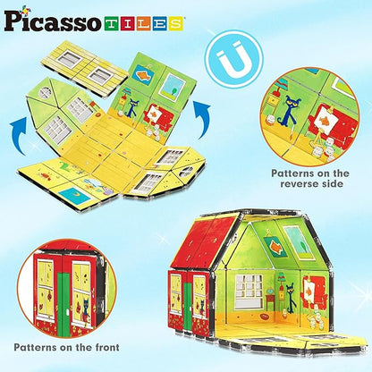 PicassoTiles Magnetic Tiles Pete the Cat Home Theme Building Blocks Double Sided Printing Toddler Magnet Toys Education STEM Learning Kit Construction Brain Development Preschool Kid Game Boy Girl 3+