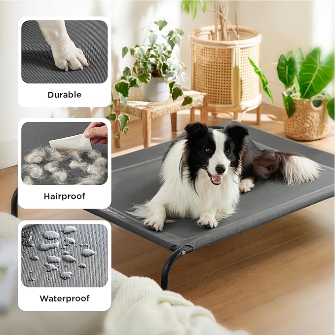 Bedsure Outdoor Elevated XL Dog Bed, Portable Indoor & Outdoor Cooling Raised Cot Pet Hammock Bed with Skid-Resistant Feet, Frame with Breathable Mesh, Black, 54 inches