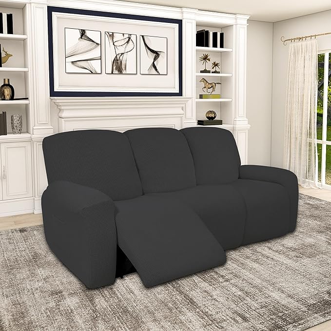 Easy-Going 100% Dual Waterproof Recliner Sofa Cover, 8-Pieces Stretch Relining Couch Cover with Pocket, Jacquard 3 Seat Sofa Slipcover Leakproof Washable (Sofa, Dark Gray)