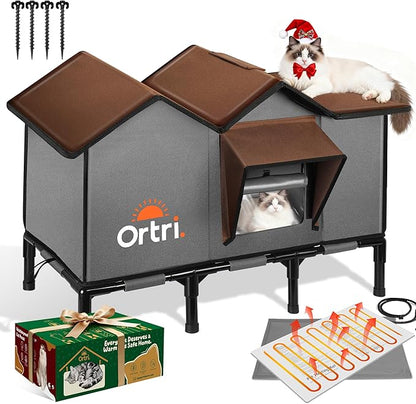 Outdoor Heated Cat House for Outside: Winter Insulated Weatherproof 30"×14"×20" Shelter with Extra Large Elevated Warm Heater and Waterproof Heating Bed for Multiple Feral Kitties Small Pets for Barn