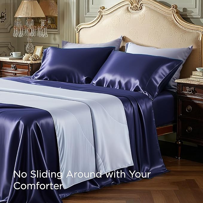 Bedsure Satin Sheets Full Size - 4 Piece Silky Bedsheets with 15 Inches Deep Pocket Fitted Bedsheet,1 Flat Sheet, 2 Satin Pillowcases, Good for Hair & Skin (Full, Navy)