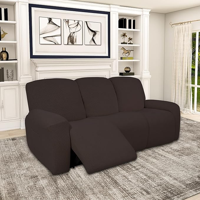 Easy-Going 100% Dual Waterproof Recliner Sofa Cover, 8-Pieces Stretch Relining Couch Cover with Pocket, Jacquard 3 Seat Sofa Slipcover Leakproof Washable (Sofa, Chocolate)