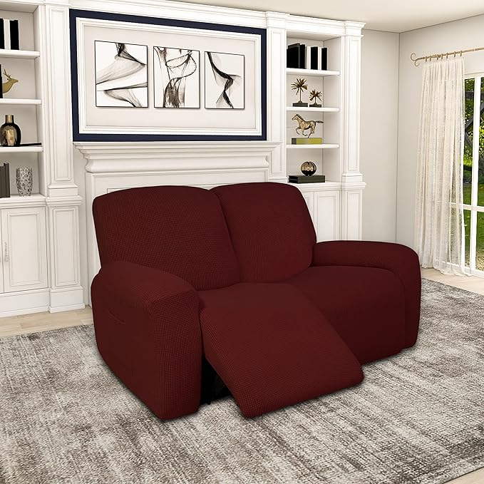 Easy-Going 100% Dual Waterproof Recliner Loveseat Cover, 6-Pieces Stretch Relining Sofa Cover with Pocket, Jacquard 2 Seat Sofa Slipcover Leakproof Washable (Loveseat, Wine)