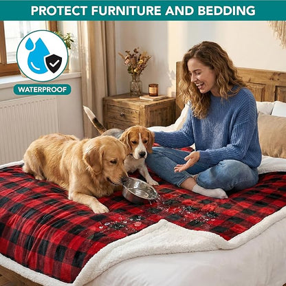 PetAmi Waterproof Dog Blanket for Medium Large XL Dog Puppy Cat Throw for Couch Cover Leakproof Protection, Sherpa Fleece, Reversible Soft Washable 80x60 Checker Plaid Red