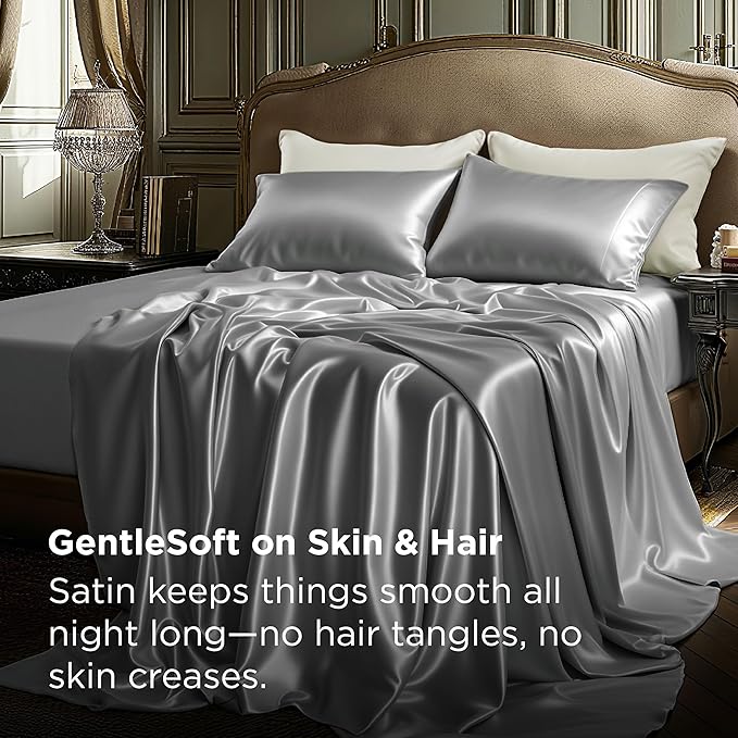Bedsure Satin Sheets King Size - 4 Piece Silky Bedsheets with Elastic Corner Straps and 15 Inches Deep Pocket Fitted Bedsheet,1 Flat Sheet, 2 Satin Pillowcases, Good for Hair & Skin (King, Dark Grey)