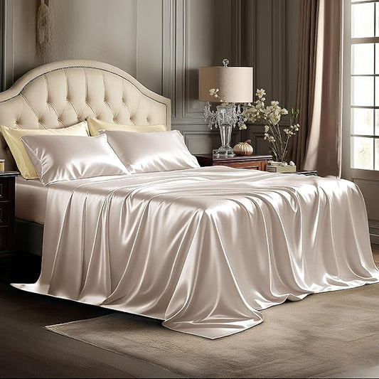 Bedsure Satin Sheets Queen Size - 4 Piece Silky Bedsheets with Elastic Corner Straps and 15 Inches Deep Pocket Fitted Bedsheet,1 Flat Sheet, 2 Satin Pillowcases, Good for Hair & Skin (Queen, Beige)