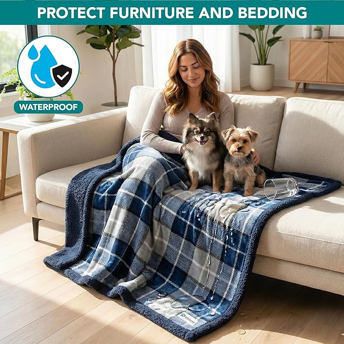 PetAmi Waterproof Dog Blanket for Small Medium Dog Puppy Cat Throw for Couch Cover Leakproof Protection, Sherpa Fleece, Reversible Soft Washable 29x40 Plaid Navy Blue