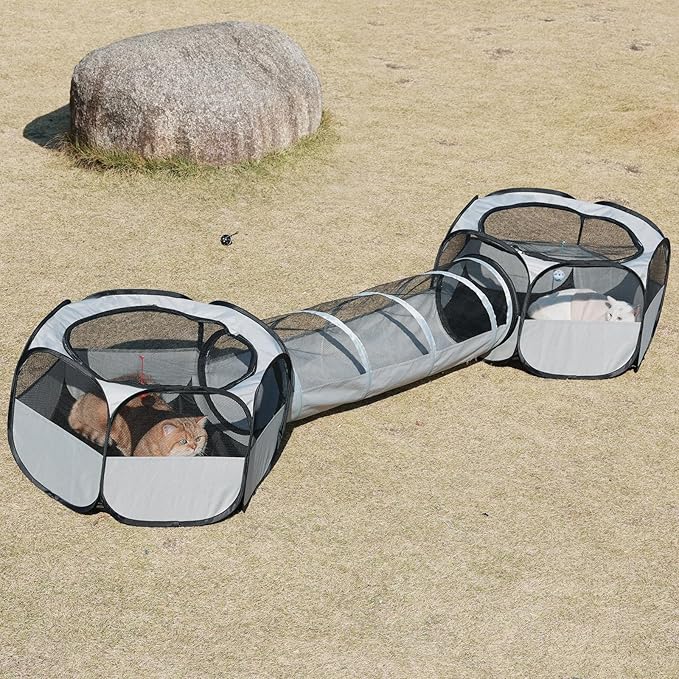 Outdoor Cat Enclosure,Cat Playground Tent for Outdoor and Indoor Playpen Portable Cat Tunnels, Foldable Cat Tubes Toys for Kitten, Puppy, Rabbit and Small Animals(2 Small Hexagonal Cubes+Tunnel)